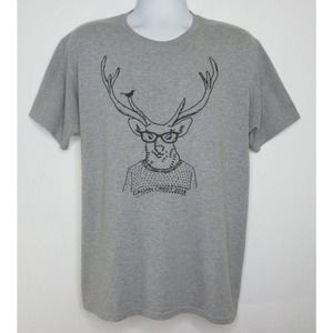 Calvin Crest Camp 2018 Mens L Gray T Shirt Deer Wearing Glasses Anthropomorphic